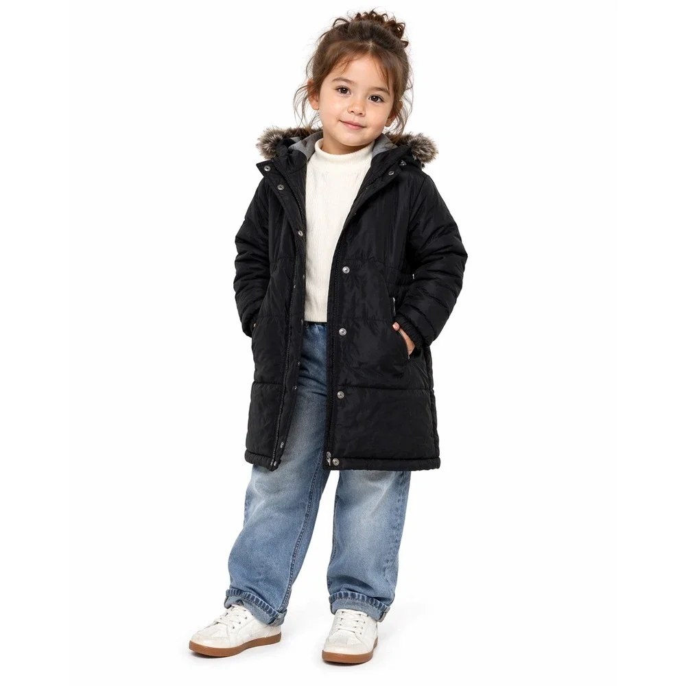 Petit Bateau Puffer Coat Kids 3T Black Faux Fur Hood Fleece Lined Winter Parka